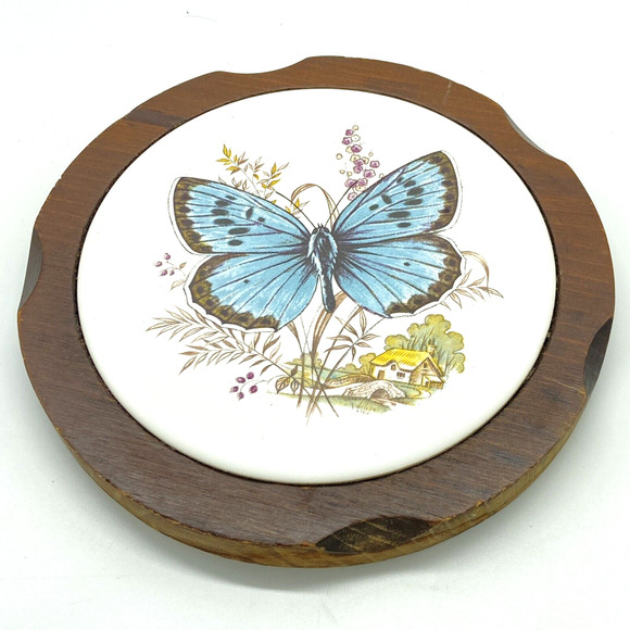 Vintage Ceramic Butterfly Trivet inset in‎ Wood Round 7.5" #2 - Picture 1 of 6